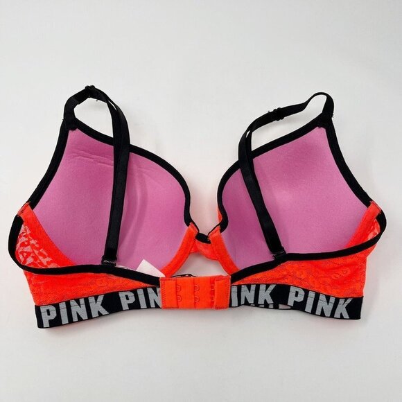 Victorias Secret PINK Push Up Bra Size 32D Neon Orange Leopard Logo - Picture 4 of 9